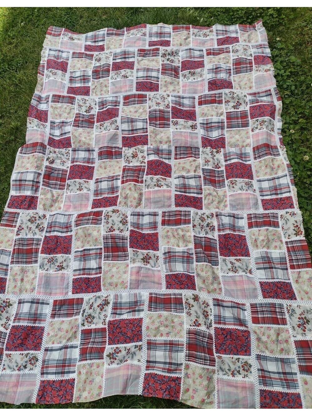 VTG 70s Handmade Patchwork Quilt Top 54x84 Plaid Floral Crochet Trim Unfinished